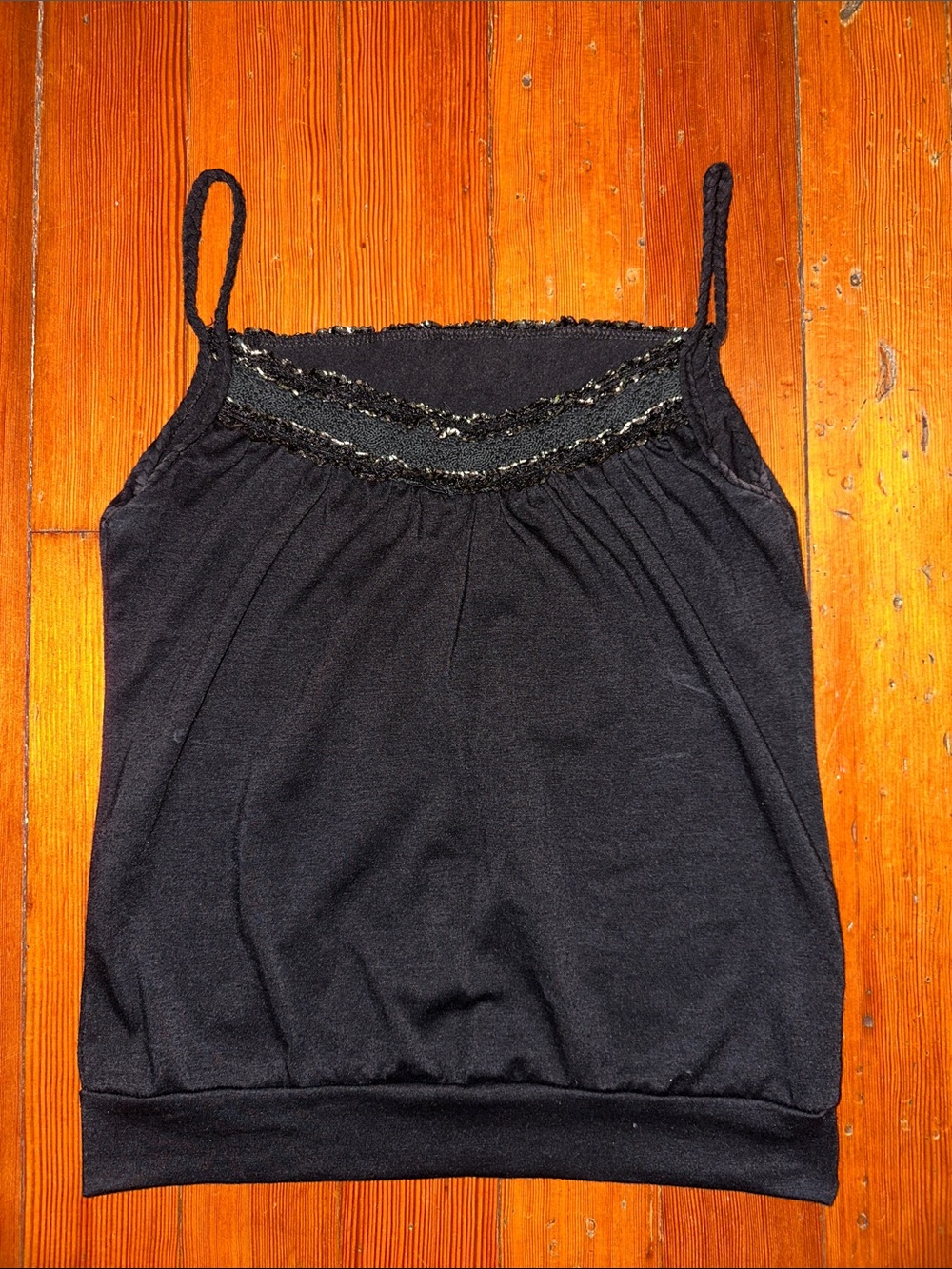 Black Lace Trim Metallic Shimmer Camisole Braided Spagetti Strap Tank Top Y2K